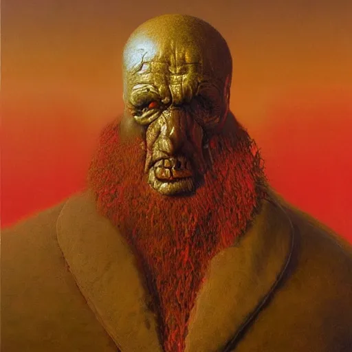 Image similar to Angry Gold Prospector portrait, dark fantasy, red and gold, artstation, painted by Zdzisław Beksiński and Wayne Barlowe