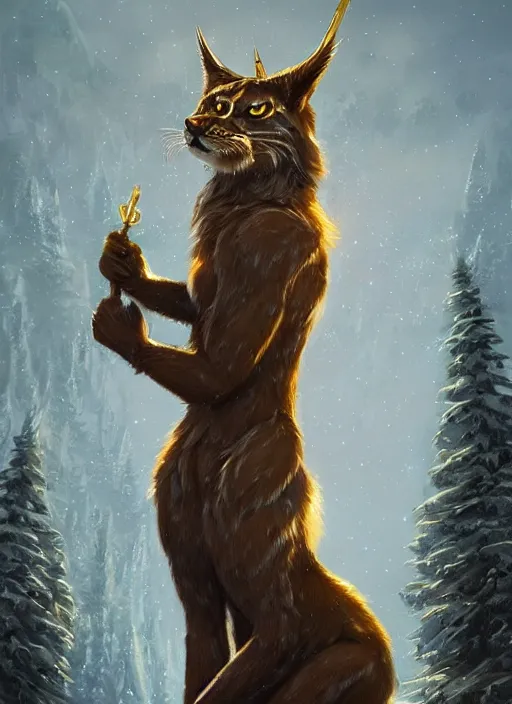 Image similar to anthropomorphic lynx holding a golden intricately decorated shiny scepter, night, spruce trees on the sides, mountains in the background, eerie dark atmosphere, moonlit, back light, fantasy art by charlie bowater and yoshitaka amano, trending on artstation