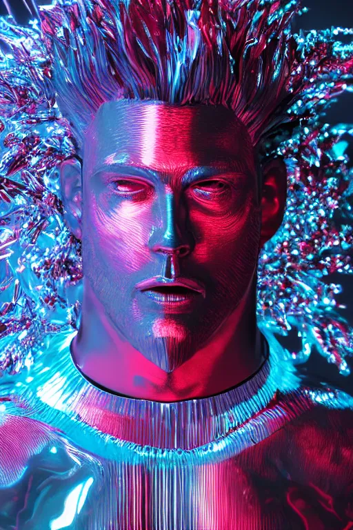 Image similar to hyper detailed ultra sharp portrait of baroque and bladerunner delicate neon ruby sculpture of seductive albino william levy gorilla green radioactive humanoid deity wearing metallic hoody made out of leaves holding the sun prismatic dungeon, glowing rainbow face, crown of white diamonds, cinematic lighting, photorealistic, octane render 8 k depth of field 3 d