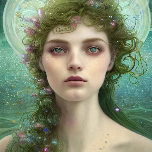 Image similar to Beautiful Delicate Detailed portrait of a mermaid With Magical green Eyes by Tom Bagshaw, Bastien Lecouffe Deharme, Erik Johansson, Amanda Sage, Alex Grey, Alphonse Mucha, Harry Clarke, Josephine Wall and Pino Daeni, Delicate water creature siren With long blue Hair and Magical Sparkling Eyes, Magic Particles; Magic Swirls, 4K; 64 megapixels; 8K resolution concept art; detailed painting; digital illustration; hyperrealism; trending on Artstation; Unreal Engine Photorealistic, lifelike, Unreal Engine, sharp, sharpness, detailed, 8K