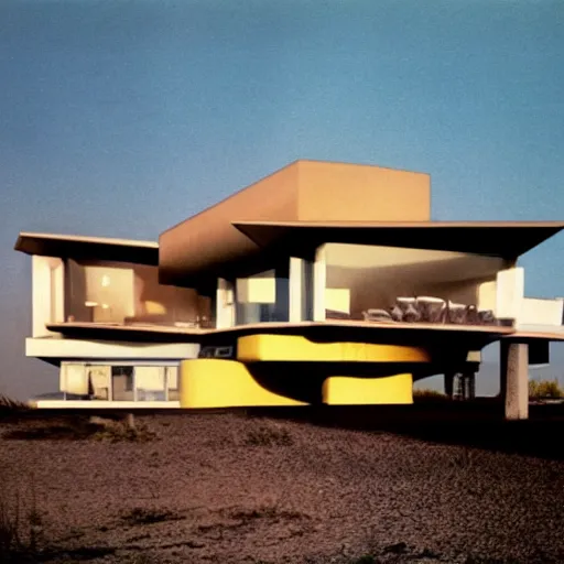 Image similar to architecture ad for a mid-century modern house by the beach designed by Zaha Hadid. Film grain, cinematic, colorized, yellow hue.