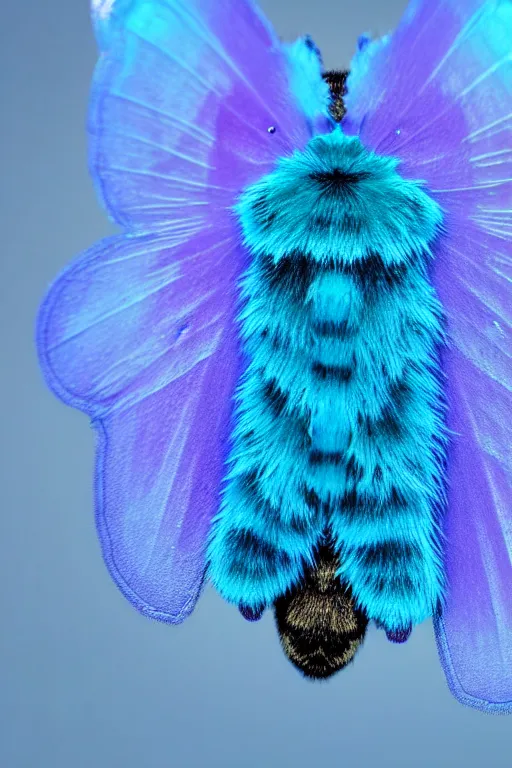 Image similar to high quality close-up photo translucent furry moth! jeweled gorgeous! highly detailed david ligare elson peter cinematic purple neon lighting high quality low angle hd 8k sharp shallow depth of field