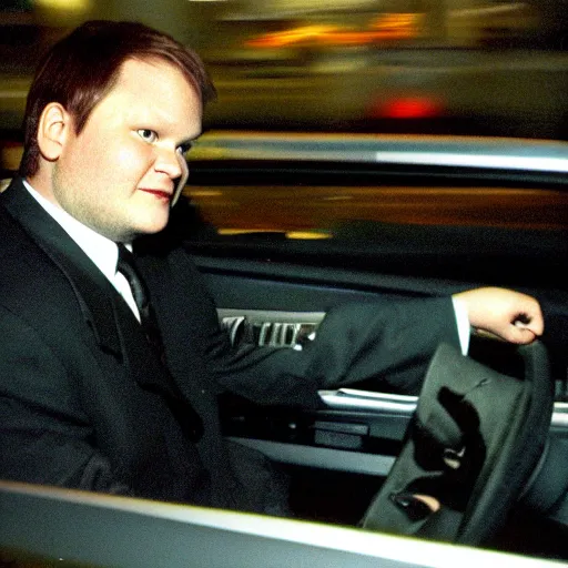 Image similar to 1 9 9 8 andy richter wearing a black wool coat and necktie in his car driving through the streets of chicago at night.