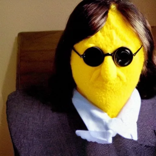 Image similar to a lemon dressed up as john lennon