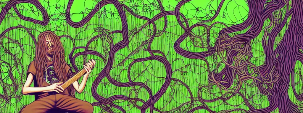 Image similar to a grunge technogaianist long-haired blonde digital musician playing modular synthesizer in the forest, technology and nature swirling in harmony, vines becoming patch cables, plugging vines into the synthesizer, trees swaying to the beat, postmodern surrealist concert poster, grainy, hand drawn matte painting by Tara McPherson and Gary Houston, smooth, sharp focus, extremely detailed.