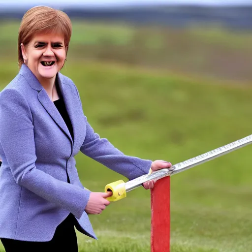 Prompt: Nicola sturgeon happily sawing through the border between england and scotland. Daily Telegraph.