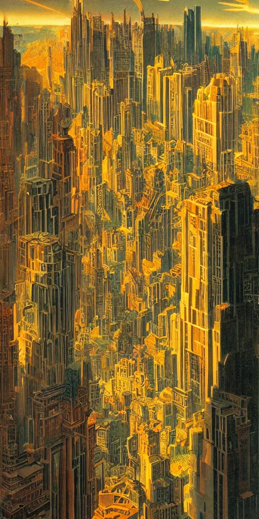 Prompt: a vertical city made of impossible perspectives, golden hour, dramatic lighting, fluid, smooth, bright, colourful, high contrast, sharpness, very detailed, intricate, by hildebrandt brothers, frazetta, giorgio de chirico and botticelli and max ernst