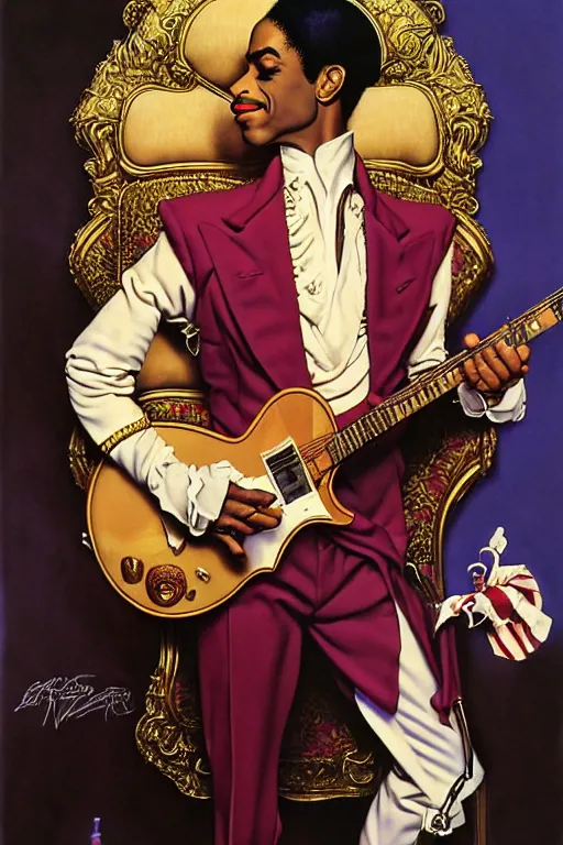 Image similar to prince rogers nelson portrait by gil elvgren and norman rockwell and rob gonsalves and hajime sorayama, hyperrealistic, high detail, ultra detailed, highly detailed face, ruffled fabric