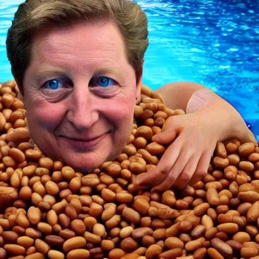 Image similar to photorealistic of the leader of the united kingdom swimming in a pool of beans