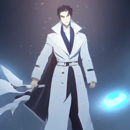 Prompt: protagonist in a white trench coat in a spotlight, anime, artstation