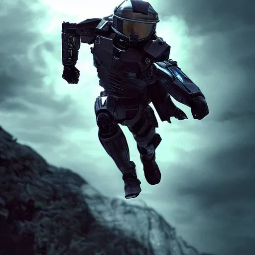 Image similar to Mads Mikkelsen as the Masterchief, jumping through the air, action shot, hyper detailed, heroic