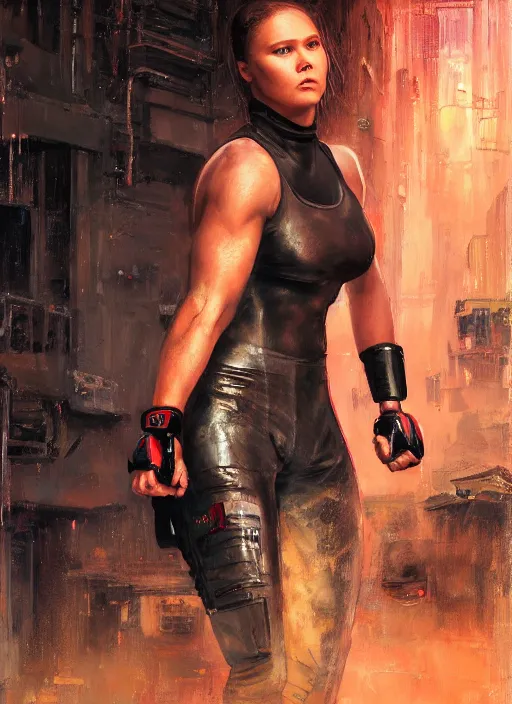 Image similar to ronda rousey teaches self defense. cyberpunk mercenary in a cyberpunk jumpsuit ( blade runner 2 0 4 9, cyberpunk 2 0 7 7 ). orientalist portrait by john william waterhouse and james gurney and theodore ralli and nasreddine dinet, oil on canvas. cinematic, hyper realism, realistic proportions, dramatic lighting, high detail 4 k