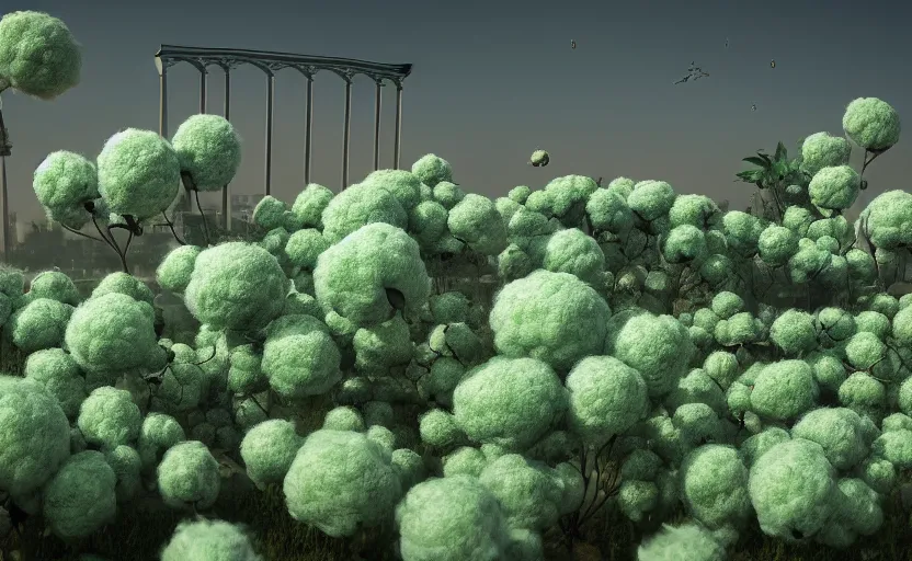 Image similar to explosions in the form of realistic cotton plants on harbour bridge, huge cotton plants everywhere, smooth, sharp focus, highly detailed, 3 d octane render, epic lighting, crazy atmosphere, lots of cotton plants, 8 k, by goro fujita