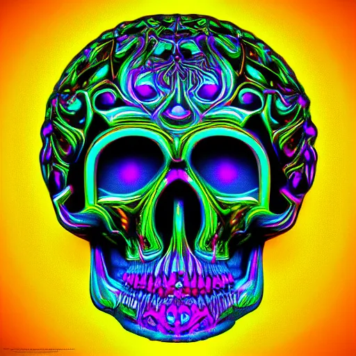 Image similar to skulls made out of fractals, neon colors, digital art