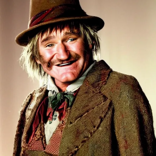 Prompt: robin williams as wurzel gummidge, looking in window at night, demented, wispy hair, drooling, slack jaw