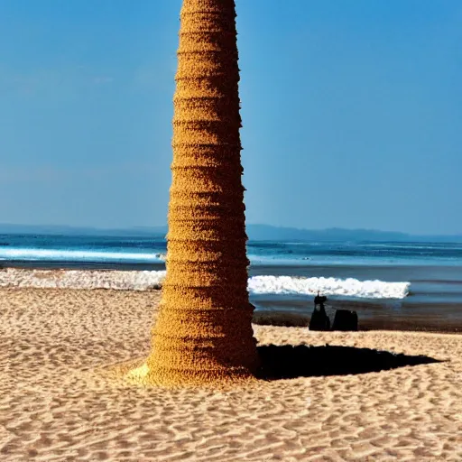 Image similar to a tower of sand on the beach that's taller than the people around it