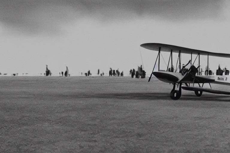 Image similar to still photo of the wright brothers taking off an airplane for the first time, black and white color photograph, highly detailed, photorealistic shot, bright studio setting, studio lighting, crisp quality and light reflections, unreal engine 5 quality render