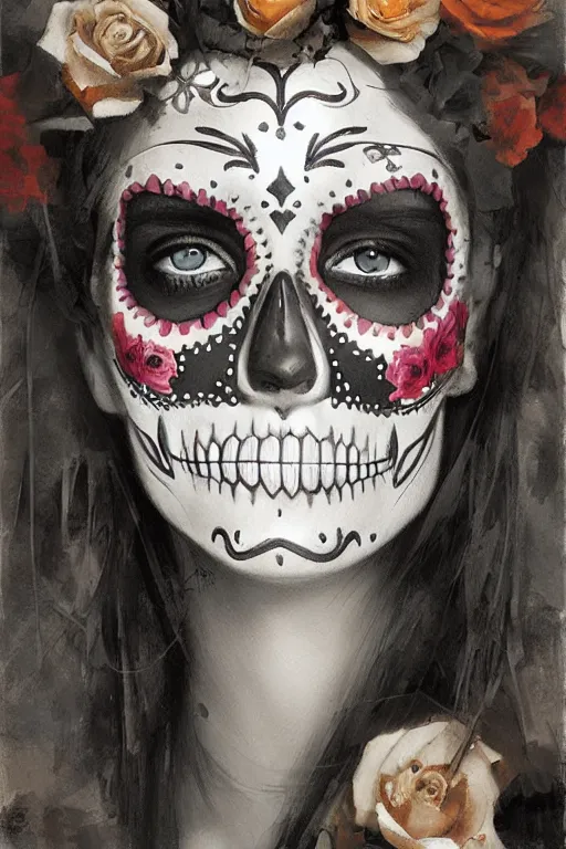 Prompt: Illustration of a sugar skull day of the dead girl, art by ruan jia