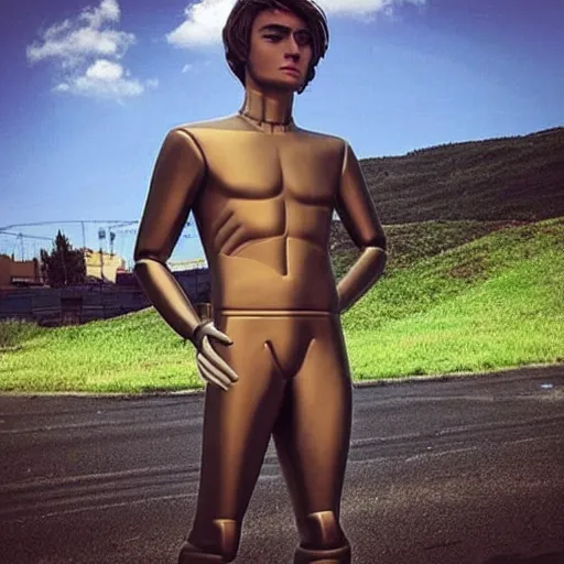 Image similar to “a realistic detailed photo of a guy who is an attractive humanoid who is half robot and half humanoid, who is a male android, Zac Efron, shiny skin, posing like a statue”