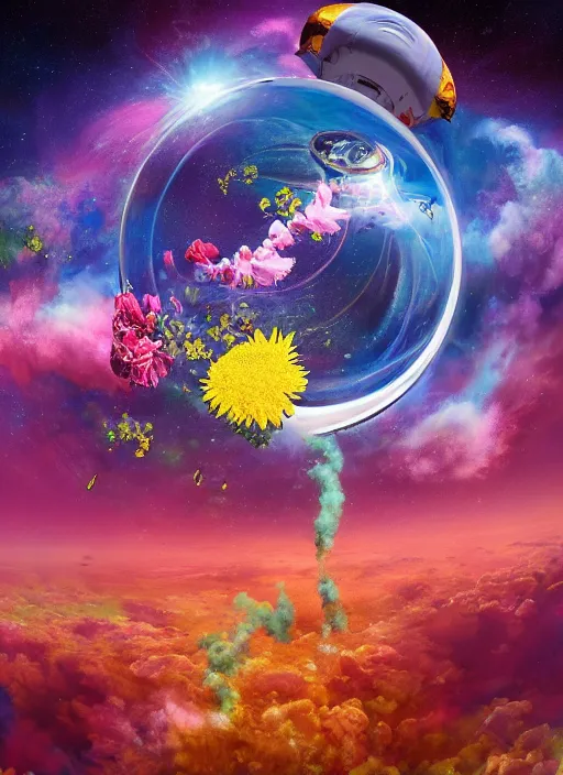 Prompt: An epic fantastic realism comic book style painting of the most beautiful flowers launched into space, bouquets, glorious galactic collision, fisheye lens, unreal 5, DAZ, hyperrealistic, octane render, dynamic lighting