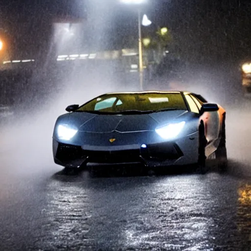 Prompt: Walter White driving a Lamborghini Aventador in the rain at night in the city