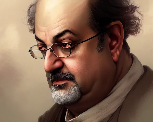 Image similar to portrait of salman rushdie, deep focus, d & d, fantasy, intricate, elegant, highly detailed, digital painting, artstation, concept art, matte, sharp focus, illustration, hearthstone, art by artgerm and greg rutkowski and alphonse mucha