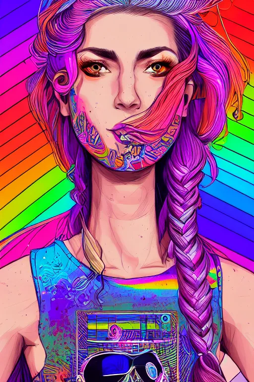 Image similar to a award winning half body portrait of a beautiful woman with stunning eyes in a printed croptop and cargo pants with rainbow colored ombre hairstyle head in motion and hair flying by josan gonzales, outrun, vaporware, shaded flat illustration, digital art, trending on artstation, highly detailed, fine detail, intricate