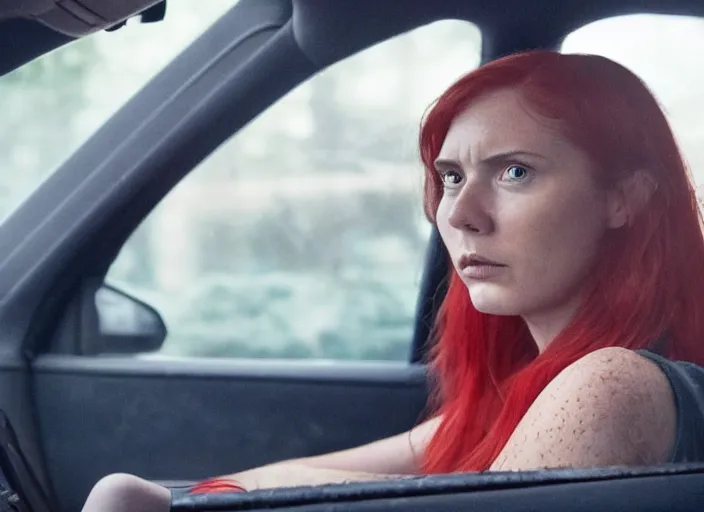 Image similar to A very high resolution image from a new movie, inside of a car, red hair woman, raining, hot, directed by wes anderson