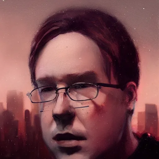 Image similar to closeup portrait of a young bill hicks, dramatic lighting, city background, night, moon, chiaroscuro, high detail, painted by greg rutkowski, painted by igor kieryluk, painted by bobby chiu, trending on artstation