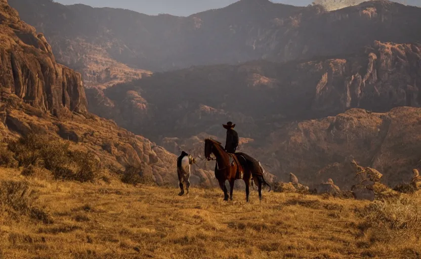 Prompt: silhouette of a cowboy and horse, watching over cattle in a valley below, as background, in the style of ansel adams, photorealistic, ornately detailed, 4 k