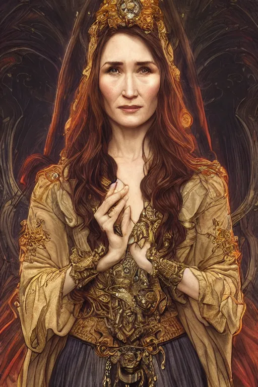 Image similar to carice van houten as a fire priest, detailed face, autonomy, cute, fantasy, intricate, elegant, highly detailed, digital painting, 4 k, hdr, concept art, smooth, sharp focus, illustration, art by artgerm and h r giger and alphonse mucha