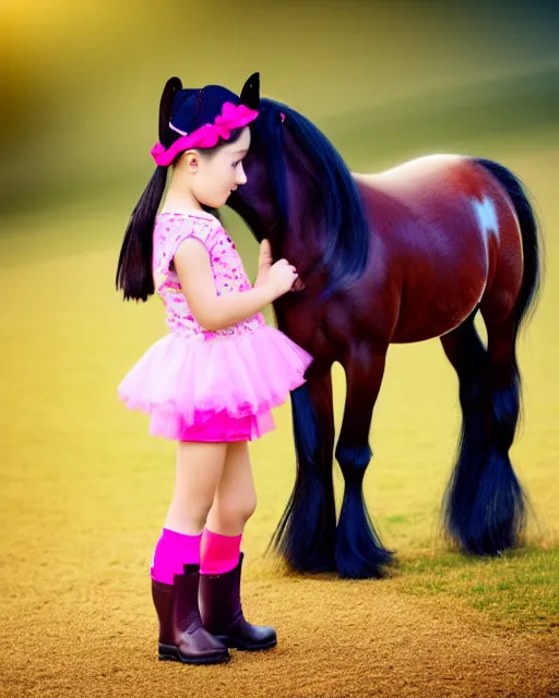 Prompt: young girl with dark hair, two ponytails, wears boots, next to her is a pink pony with a hat, photo taken by nikon, sharp focus, highly detailed, studio lightning, 4 k