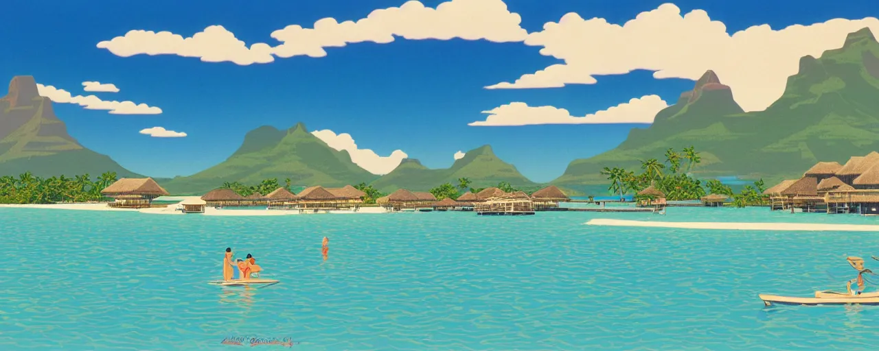 Image similar to serene bora bora landscape, disney, hiroshi nagai