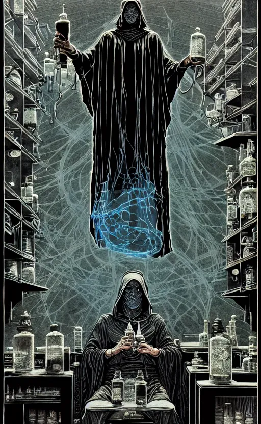 Prompt: ancient cloaked wizard mixing potions in his laboratory, high details, intricately detailed, by vincent di fate, inking, 3 color screen print, masterpiece, trending on artstation,, sharp, details, hyper - detailed, hd, 4 k, 8 k