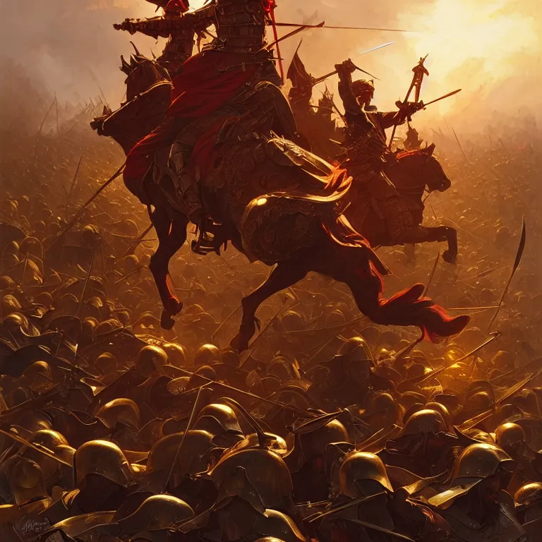 Image similar to battle field of a medieval war between golden soldiers and black red iron soldiers, dramatic lighting, intricate, wild, highly detailed, digital painting, artstation, concept art, smooth, sharp focus, illustration, art by artgerm and greg rutkowski and alphonse mucha