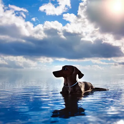 Image similar to an elderly, grey wire-haired dachshund floating in heaven, blue sky, surrounded by beautiful white clouds, with a halo