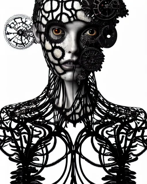 Image similar to surreal black and white photo portrait of complex bio-mechanical beautiful young female vegetal-cyborg with a Mandelbrot fractal steampunk metal fine lace face, a very long neck and a fine metal floral foliage super big lace collar by Alexander McQueen:: smoke, high fashion, haute couture, rococo, steampunk, silver filigree details, anatomical, facial muscles, cable wires, microchip, elegant, dreamy, foggy atmosphere, hyper realistic, 150 mm lens, soft rim light, octane render, unreal engine, picture was taken in 1910 by Man Ray, volumetric lighting, dramatic light,8k,