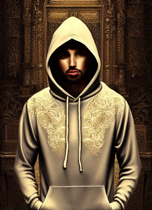 Image similar to guy with hoodie hiding on papercraft, realistic, surealism, lavish, steep, aesthetic, extravagant, shiny, fantasy, intricate, elegant, extremely higly detailed, digital painting, artstation, ornate, grotesque, baroque, concept art, smooth, sharp focus, full body focus, street wear digital art