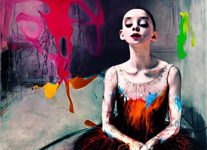 Image similar to portrait of nervous young girl ballerina sitting on the floor focusing in a dance hall by hernan bas and francis bacon and alberto seveso and pat steir and hilma af klint, psychological, photorealistic, symmetrical face, dripping paint, washy brush, matte painting, rendered in octane, altermodern, masterpiece