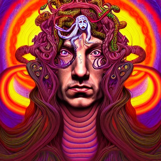 Image similar to an extremely psychedelic portrait of aleistercrowley as medusa, surreal, lsd, face, detailed, intricate, elegant, lithe, highly detailed, digital painting, artstation, concept art, smooth, sharp focus, illustration