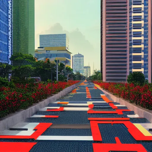 Image similar to Saigon Cityscape. Vietnam colorscheme. Vietnam flag. Clean and simple. Trending on Artstation. 8k resolution.