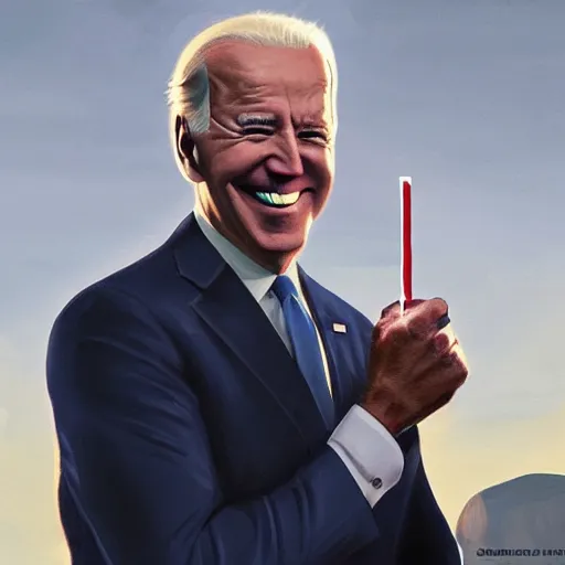 Image similar to joe biden smiling with blood in his face while behind him the world is burning, dramatic lighting, cinematic, establishing shot, extremly high detail, photorealistic, cinematic lighting, artstation, style by James Gurney