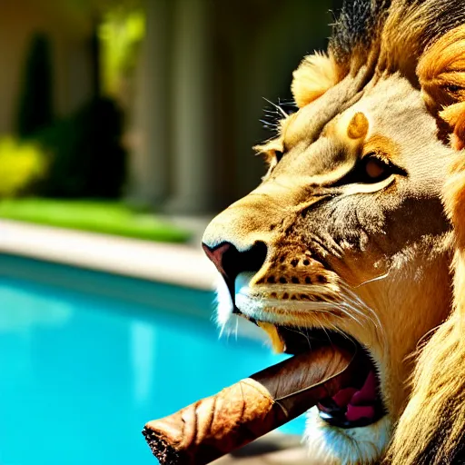 Image similar to a very detailed photo of a lion ( smoking a cigar ) outside the mansion by the pool