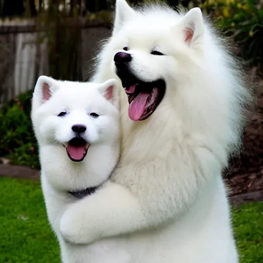 Image similar to A photo of a Samoyed dog with its tongue out hugging a white Siamese cat