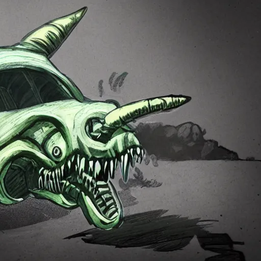 Image similar to illustration of the deathclaw monster inside the car