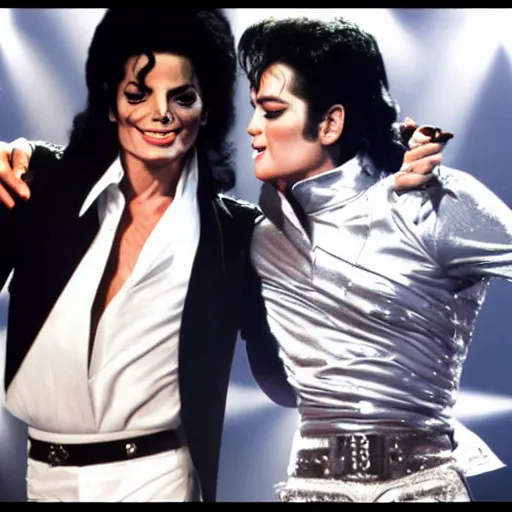 Image similar to Michael Jackson and Elvis epic stage performance, hyper realistic, 4k