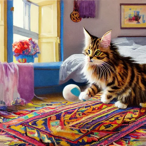 Prompt: cream color maine coon cat chasing a cat-toy-ball in a sunlit bedroom, hardwood floors with a colorful tattered old throw rug, bay window sofa in the background, fun, energetic, amusing, cute, funny, in style of Greg Hildebrandt, trending on art station, 8K, 4K