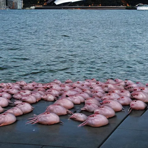 Image similar to spencer tunick photograph of blobfish on the sydney opera house foreshore