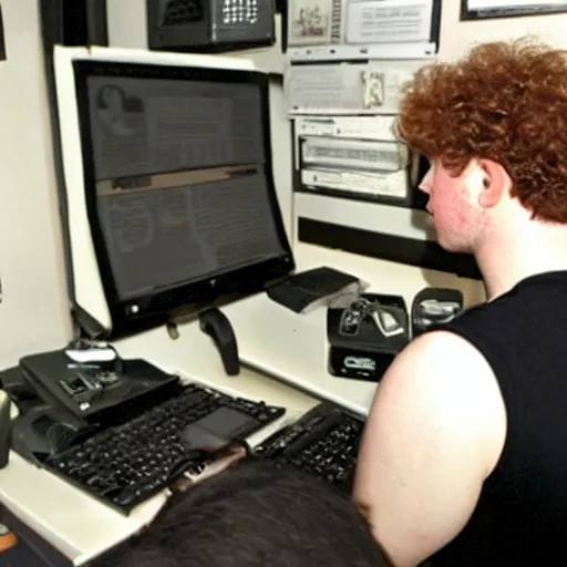 Prompt: 21 year old Jimmy John’s manager with pale skin and reddish brown curly hair is wearing a sleeveless black top and tapping a computer screen on the wall