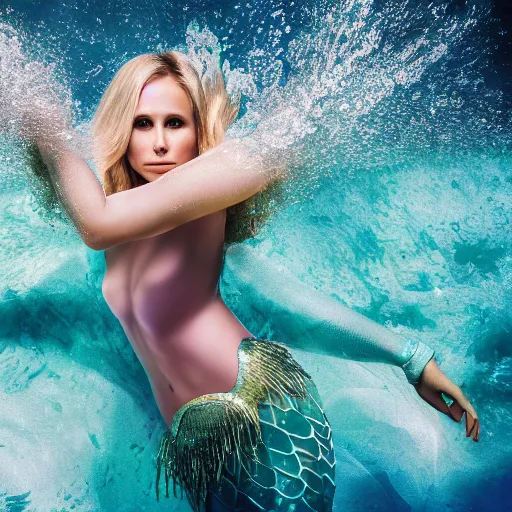 Prompt: Kristen Bell as a mermaid, vogue, Sony a7R IV, symmetric balance, polarizing filter, Photolab, Lightroom, 4K, Dolby Vision, Photography Award